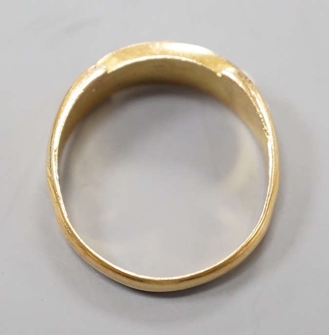 A late Victorian 18ct gold, graduated split pearl and turquoise set five stone half hoop ring, size P/Q, gross weight 4.2 grams.